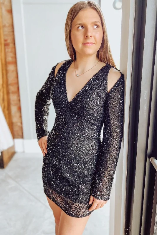 Black Sequin Cutout Short Party Dress with Long Sleeves Tunics Top rated