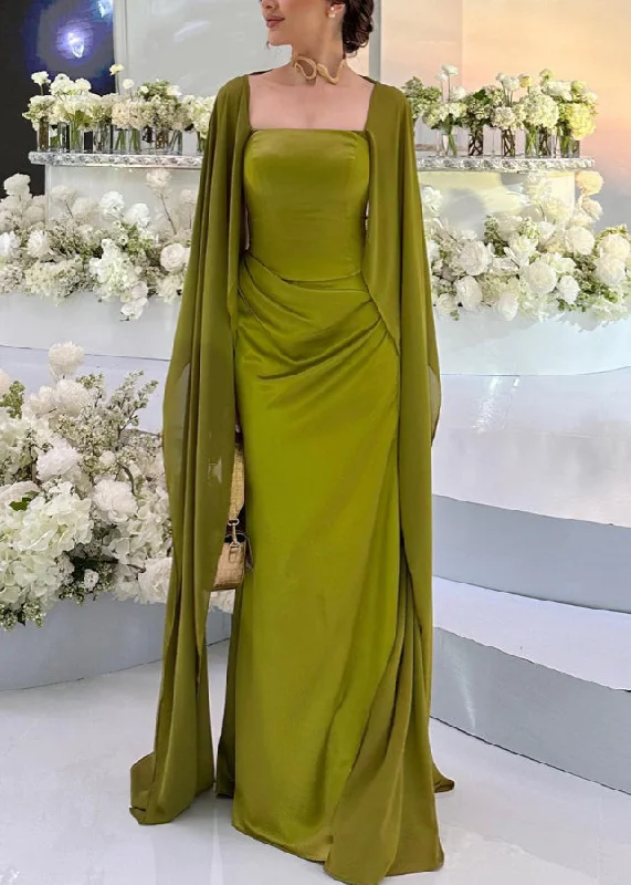 Boutique Green Square Collar Patchwork Silk Party Dresses Fall WO043 Off-the-shoulder Chic Trendy