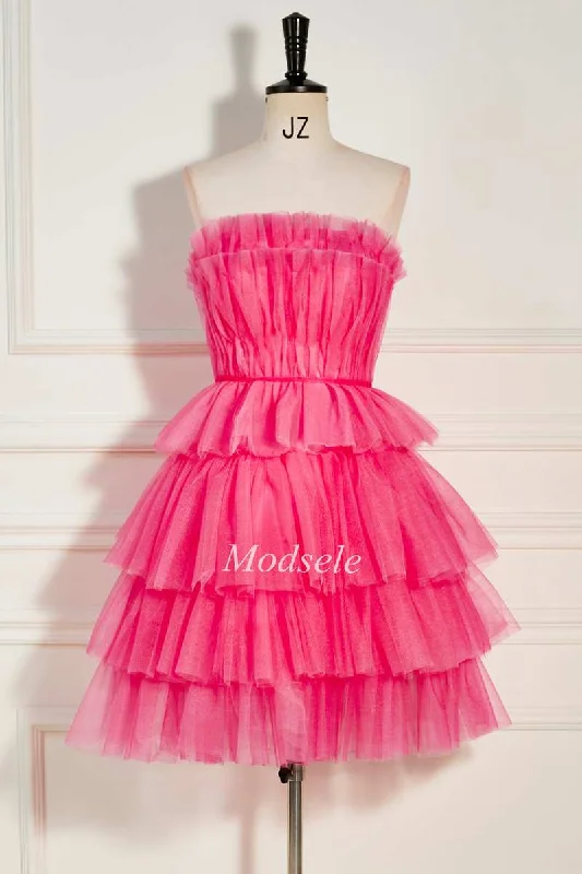 Hot Pink Strapless Tiered A-Line Short Party Dress with Ruffles Tunics Luxurious high-end