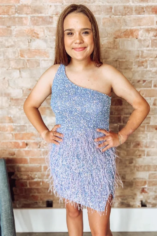 Light Blue Sequin One-Shoulder Short Party Dress with Feathers Tunics Lace romantic