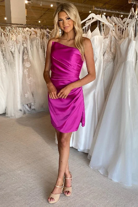 Magenta Strapless Ruched Short Party Dress with Slit Tunics Practical durable