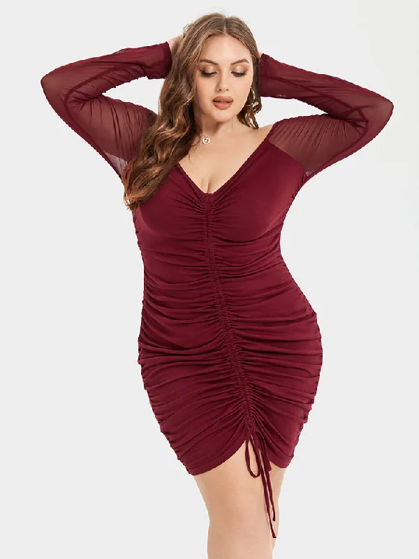 Contrast Mesh Drawstring Ruched Party Dress Tunics Office stylish