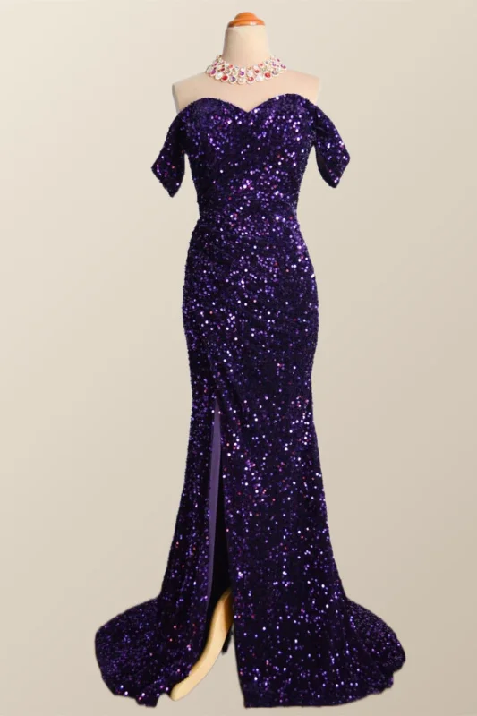 Off the Shoulder Purple Velvet Sequin Mermaid Party Dress Tunics Exclusive limited