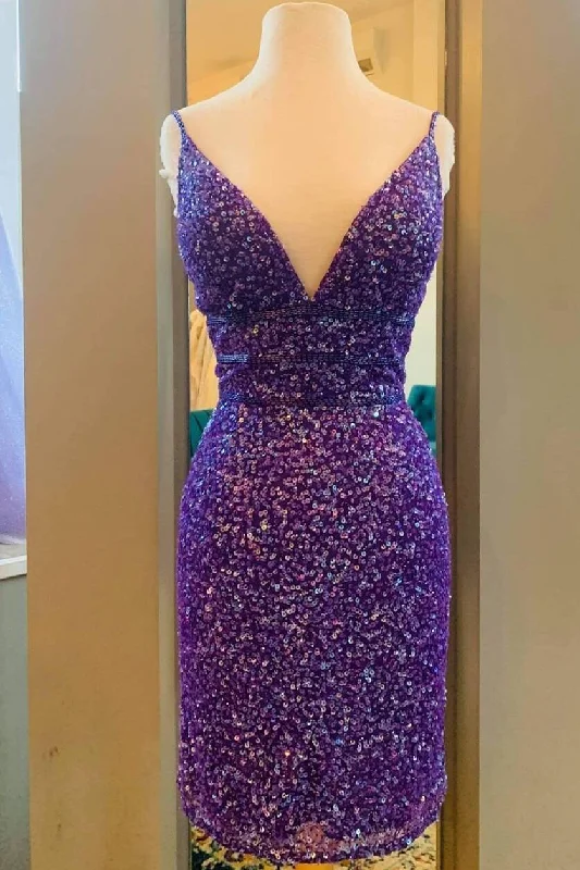 Purple Sequins Tight Short Party Dress Glittery Long Formal