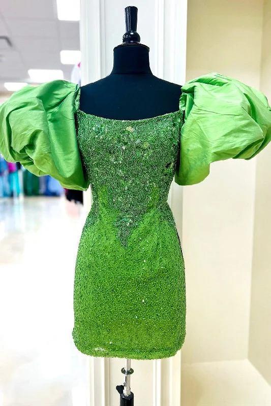 Sequins Appliques Strapless Short Party Dress with Puff Sleeves Tunics Fall fleece