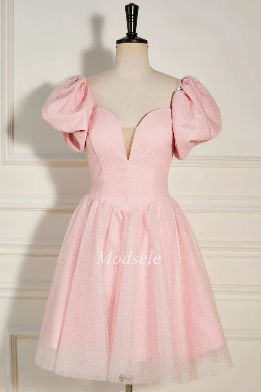Pink Strapless A-Line Short Party Dress with Puff Sleeves Tunics Favorite customer