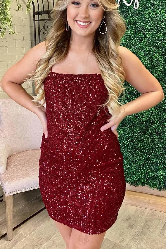 Tight Burgundy Sequins Short Party Dress Bodycon Fitted Nightout