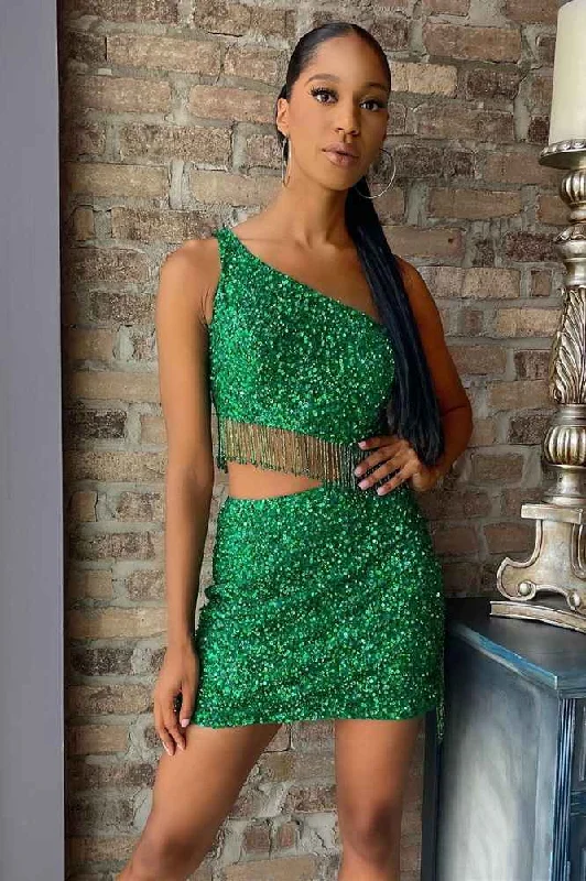 Two-Piece Green Sequin One-Shoulder Fringe Short Party Dress Lace Sexy Club