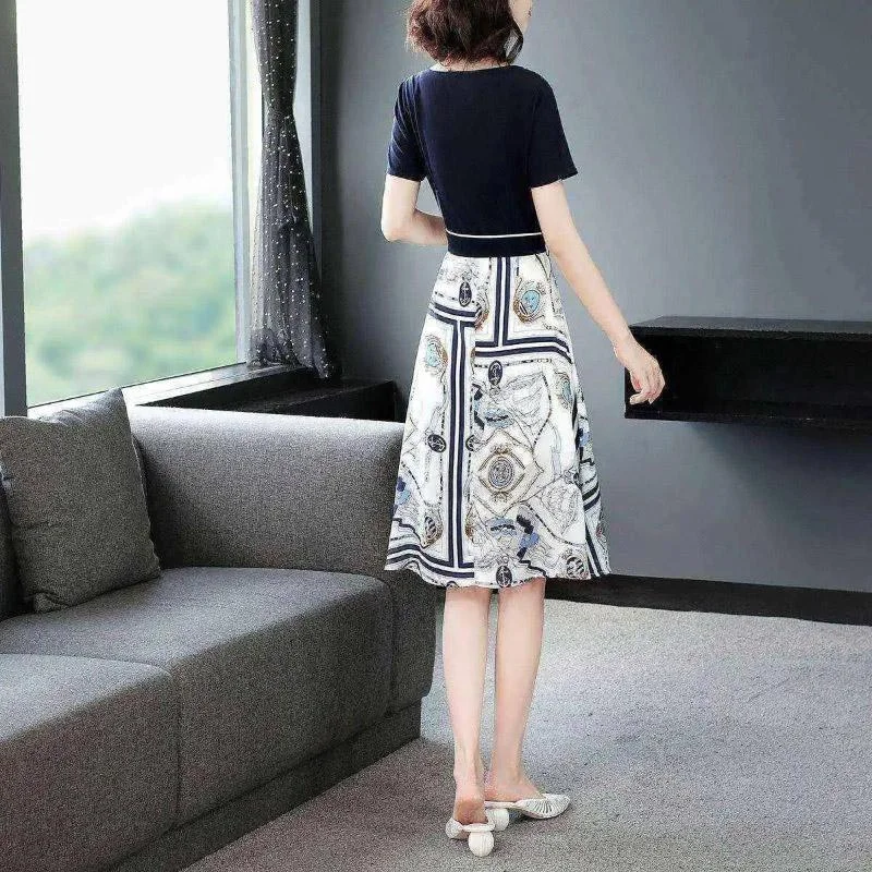 Vintage Patchwork Dress Women Elegant Bow Korean Party Dress Short Sleeve Blue Midi Dress Plus Size Summer Dresses Women Tunics Print Colorful