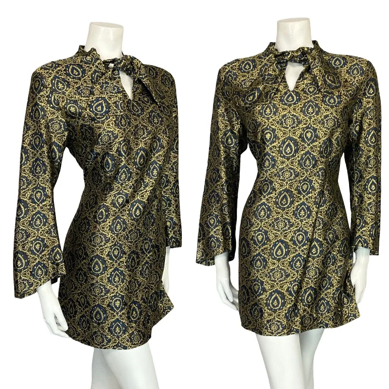 VTG 60S 70S GOLD BLUE BLACK BROCADE BELL SLEEVE TIE TUNIC PARTY DRESS 14 16 Tunics Review highly