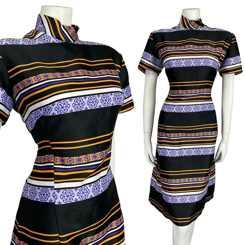 VTG 60S BLACK PURPLE YELLOW MOG GOGO FUNNEL NECK FLORAL STRIPED PARTY DRESS 16 Tunics Formal black