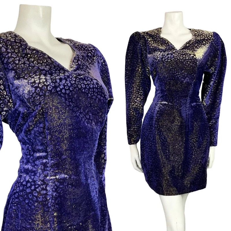 VTG 70S BLUE PURPLE GOLD LUREX VELVET MUTTON SLEEVE SWEETHEART PARTY DRESS 6 Tunics Winter warm