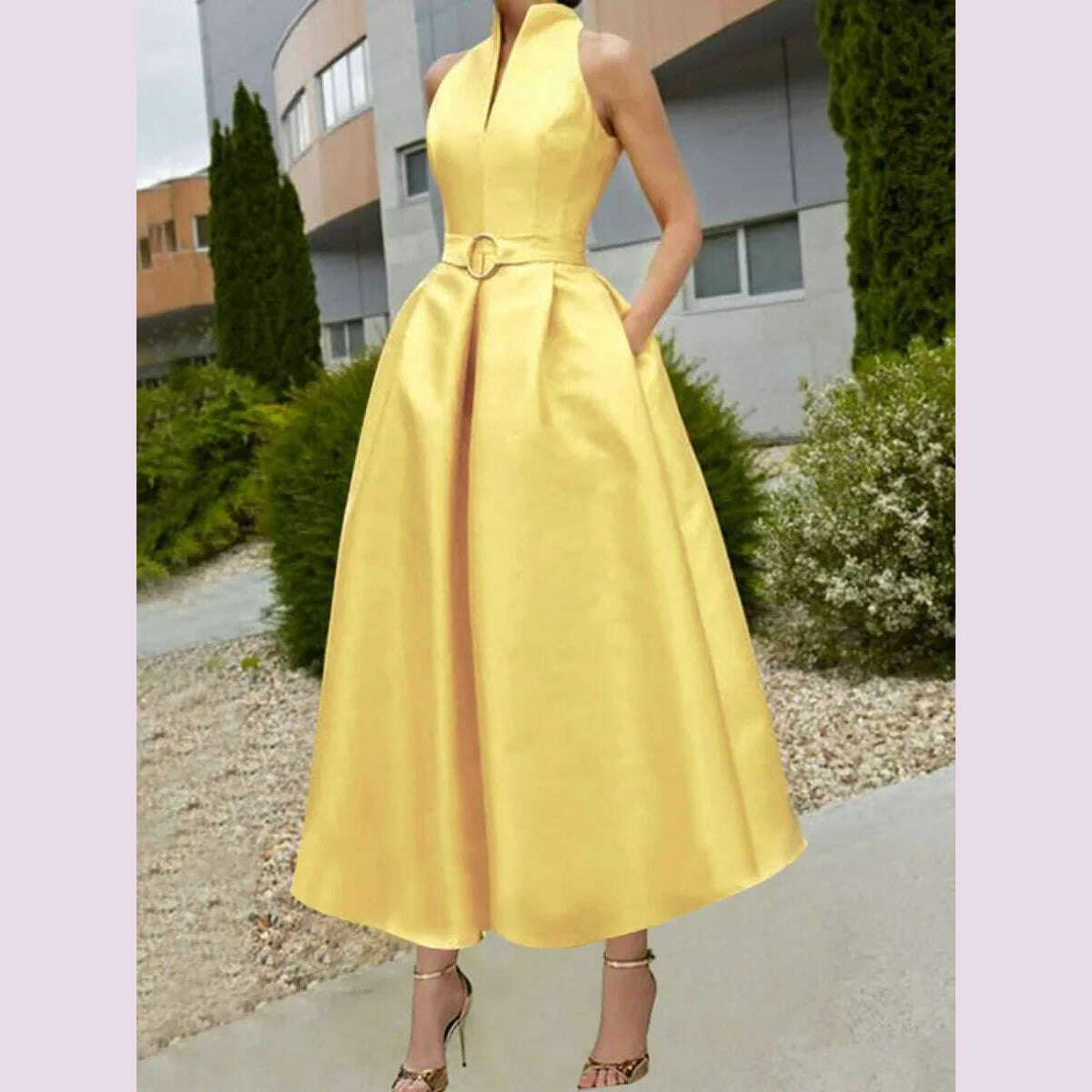Yeezzi Women's Fashion Elegant Belted A-line Party Dress 2024 New Summer Sleeveless V-neck Urban Office Commute Midi Dresses Tunics Practical easy-care