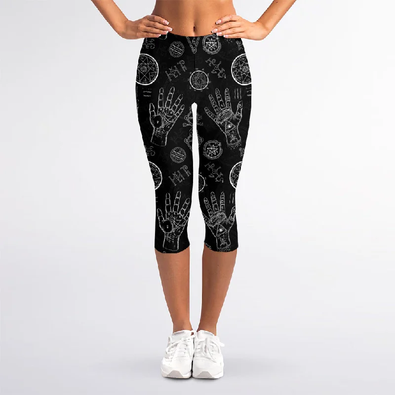 Black And White Wiccan Palmistry Print Women's Capri Leggings Comfortable Lounge Leggings