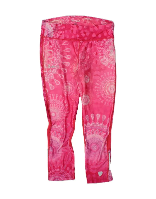 DESIGUAL Womens Graphic Capri Leggings UK 12 Medium  Pink Floral Polyester Trendy High-Compression Leggings
