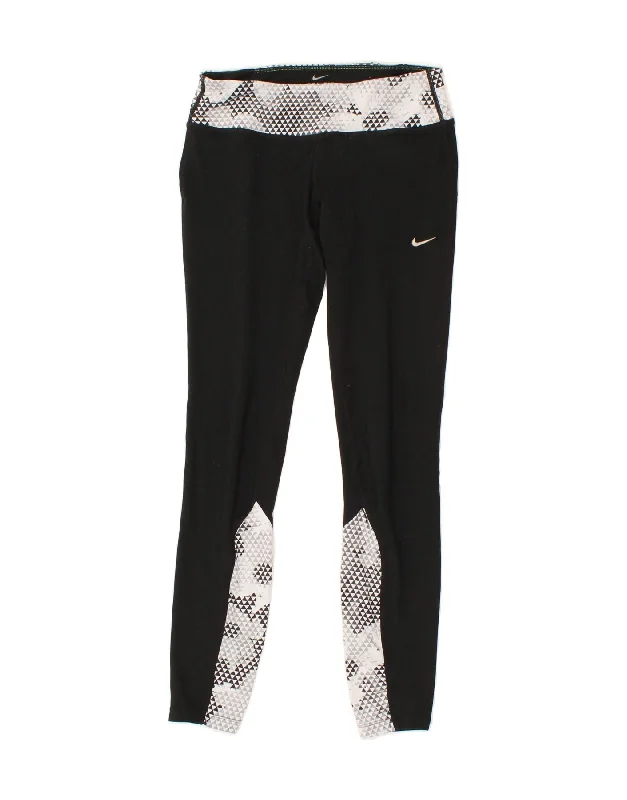 NIKE Womens Leggings UK 10 Small Black Geometric Comfortable Bootcut Workout Leggings